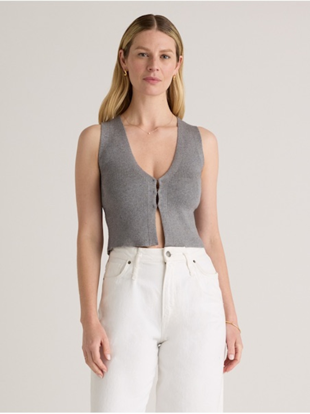 Quince Grey Ribbed V-Neck Cropped Tank